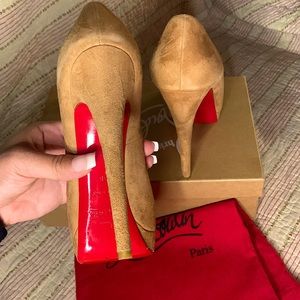 COPY - Tan Suede Christian Louboutin peep toe heels, one of a kind with dust ba…